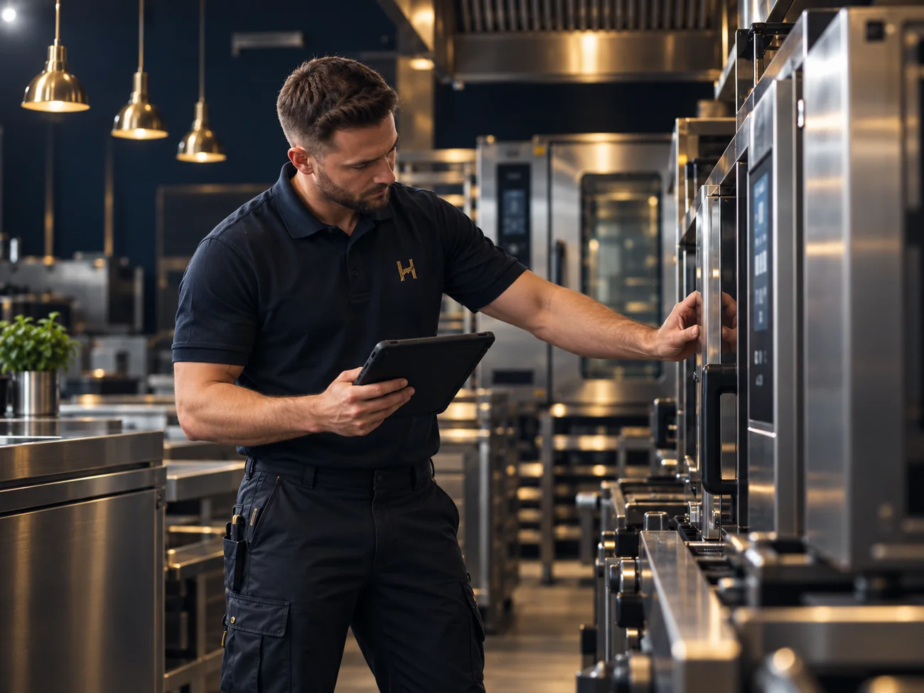Commercial catering engineer inspecting kitchen equipment