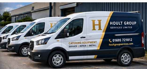Hoult Group commercial catering service van in the navy, white and gold livery