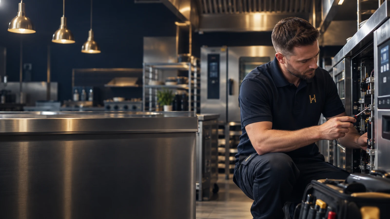 Commercial catering engineer working on equipment installation